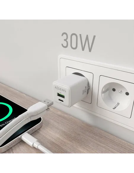 AISENS Cargador Gan 30W, 1xUSB-C PD3.0 QC4.0, 1xUSB-A QC3.0, Blanco