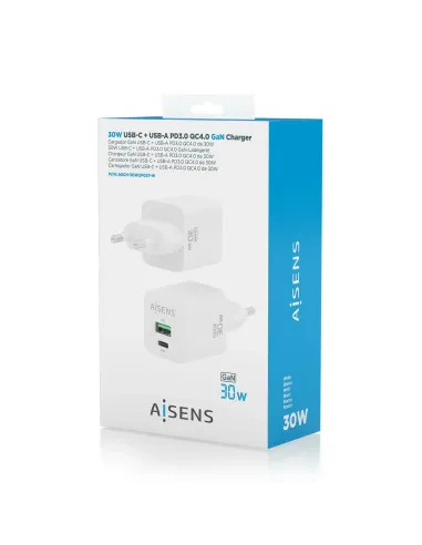 AISENS Cargador Gan 30W, 1xUSB-C PD3.0 QC4.0, 1xUSB-A QC3.0, Blanco