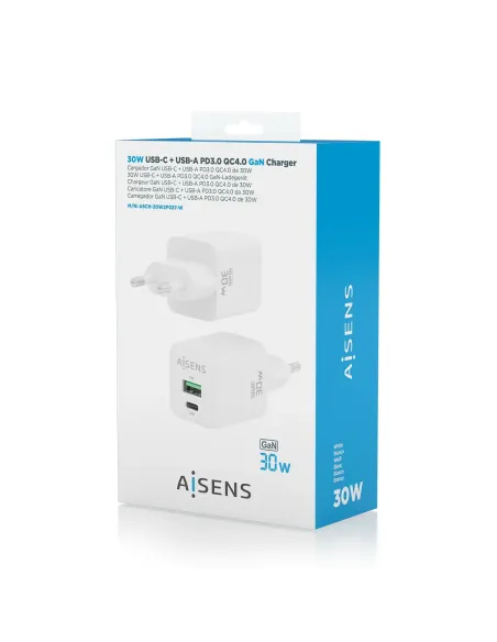 AISENS Cargador Gan 30W, 1xUSB-C PD3.0 QC4.0, 1xUSB-A QC3.0, Blanco