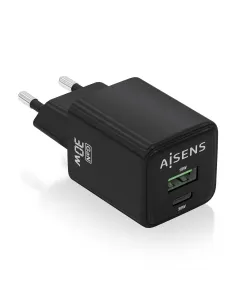 AISENS Cargador Gan 30W, 1xUSB-C PD3.0 QC4.0, 1xUSB-A QC3.0, Negro
