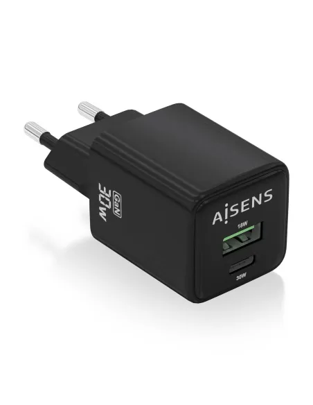 AISENS Cargador Gan 30W, 1xUSB-C PD3.0 QC4.0, 1xUSB-A QC3.0, Negro