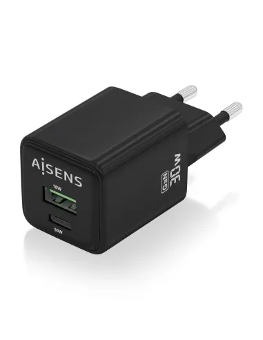 AISENS Cargador Gan 30W, 1xUSB-C PD3.0 QC4.0, 1xUSB-A QC3.0, Negro