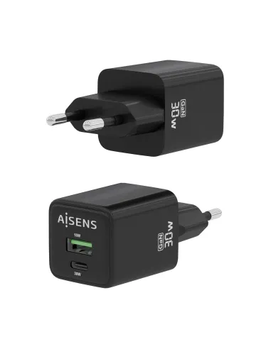 AISENS Cargador Gan 30W, 1xUSB-C PD3.0 QC4.0, 1xUSB-A QC3.0, Negro