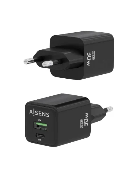AISENS Cargador Gan 30W, 1xUSB-C PD3.0 QC4.0, 1xUSB-A QC3.0, Negro