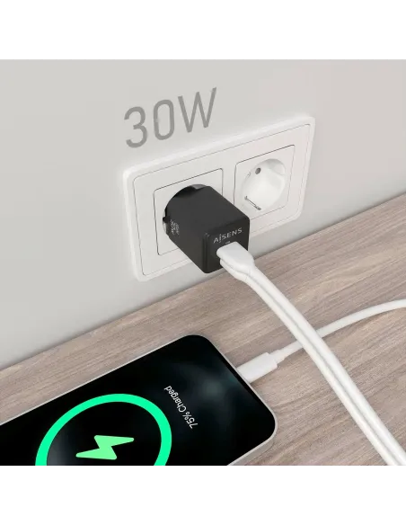 AISENS Cargador Gan 30W, 1xUSB-C PD3.0 QC4.0, 1xUSB-A QC3.0, Negro
