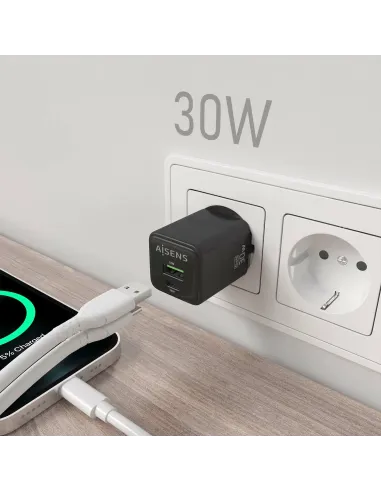 AISENS Cargador Gan 30W, 1xUSB-C PD3.0 QC4.0, 1xUSB-A QC3.0, Negro