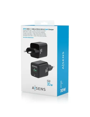 AISENS Cargador Gan 30W, 1xUSB-C PD3.0 QC4.0, 1xUSB-A QC3.0, Negro