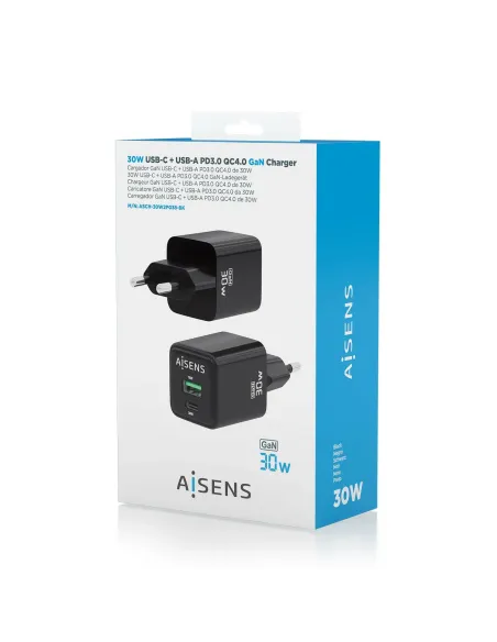 AISENS Cargador Gan 30W, 1xUSB-C PD3.0 QC4.0, 1xUSB-A QC3.0, Negro