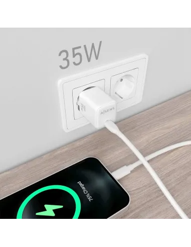 AISENS Cargador GaN 35W, 1xUSB-C PD3.0 QC4.0, Blanco