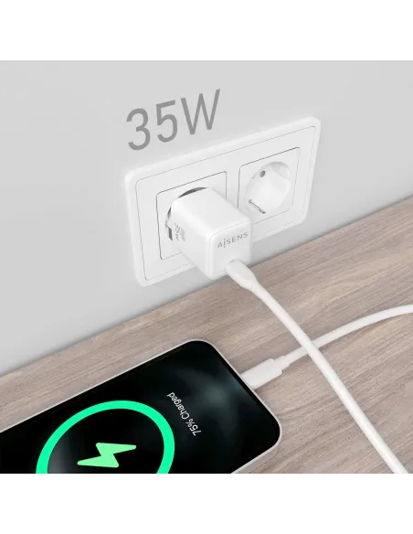 AISENS Cargador GaN 35W, 1xUSB-C PD3.0 QC4.0, Blanco