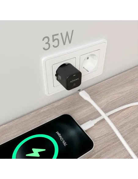 AISENS Cargador GaN 35W, 1xUSB-C PD3.0 QC4.0, Negro
