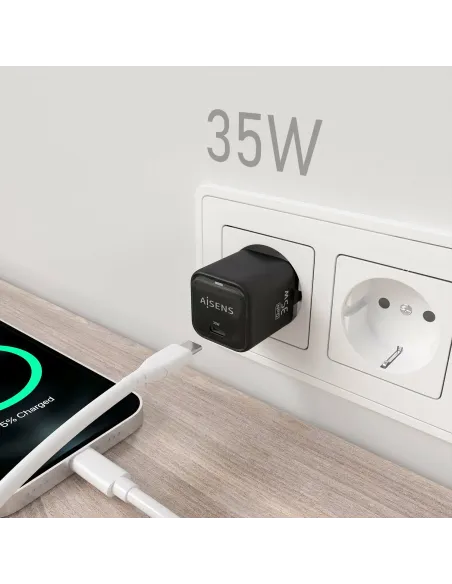 AISENS Cargador GaN 35W, 1xUSB-C PD3.0 QC4.0, Negro