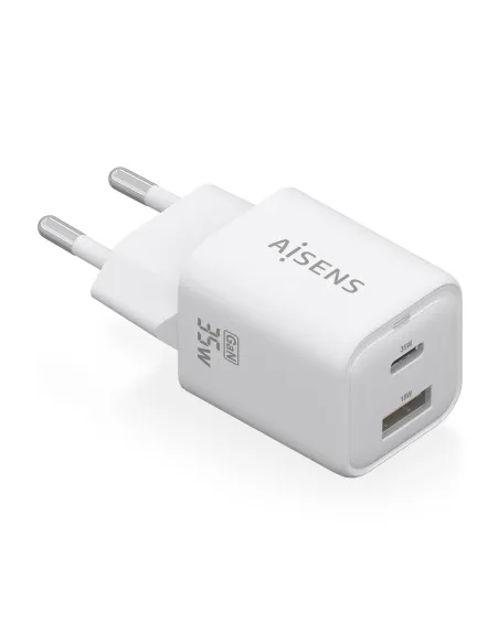 AISENS Cargador Gan 35W, 1xUSB-C PD3.0 QC4.0, 1xUSB-A QC3.0, Blanco
