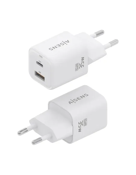 AISENS Cargador Gan 35W, 1xUSB-C PD3.0 QC4.0, 1xUSB-A QC3.0, Blanco