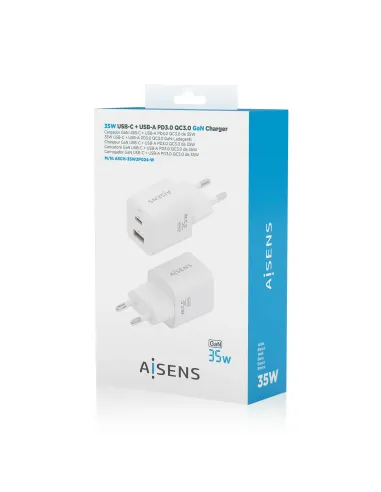 AISENS Cargador Gan 35W, 1xUSB-C PD3.0 QC4.0, 1xUSB-A QC3.0, Blanco