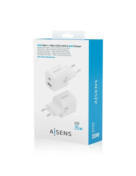 AISENS Cargador Gan 35W, 1xUSB-C PD3.0 QC4.0, 1xUSB-A QC3.0, Blanco