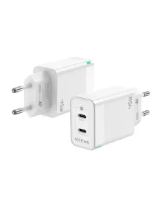 AISENS Cargador Gan 45W, 2xUSB-C PD3.0 QC4.0, Blanco
