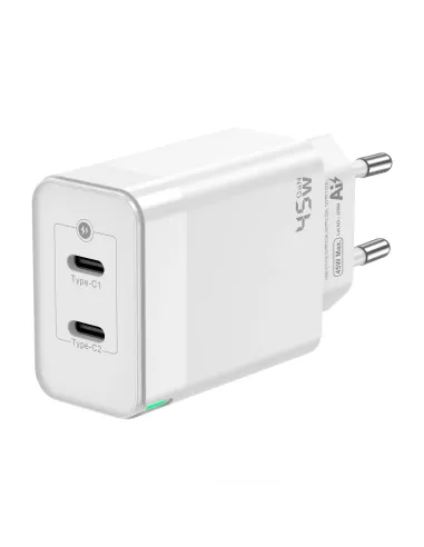 AISENS Cargador Gan 45W, 2xUSB-C PD3.0 QC4.0, Blanco