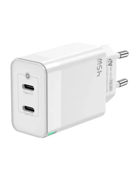 AISENS Cargador Gan 45W, 2xUSB-C PD3.0 QC4.0, Blanco