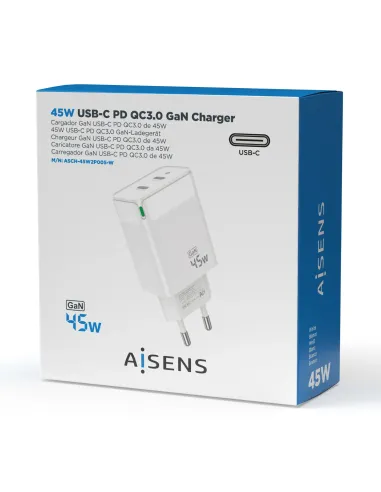 AISENS Cargador Gan 45W, 2xUSB-C PD3.0 QC4.0, Blanco