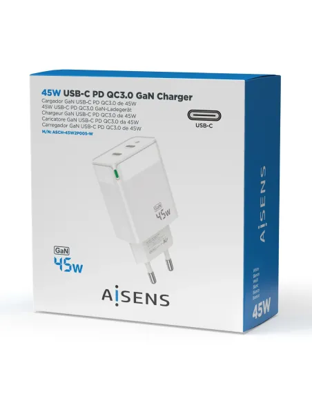 AISENS Cargador Gan 45W, 2xUSB-C PD3.0 QC4.0, Blanco