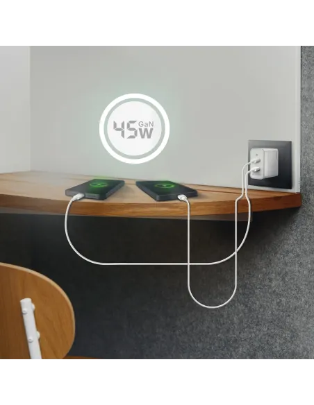 AISENS Cargador Gan 45W, 2xUSB-C PD3.0 QC4.0, Blanco