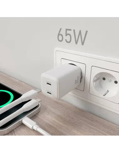 AISENS Cargador Gan 65W, 2xUSB-C PD3.0 QD4.0, Blanco