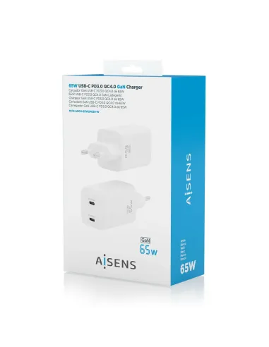 AISENS Cargador Gan 65W, 2xUSB-C PD3.0 QD4.0, Blanco