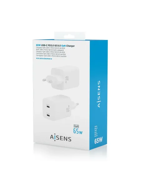 AISENS Cargador Gan 65W, 2xUSB-C PD3.0 QD4.0, Blanco