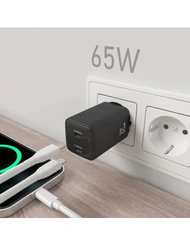 AISENS Cargador Gan 65W, 2xUSB-C PD3.0 QD4.0, Negro