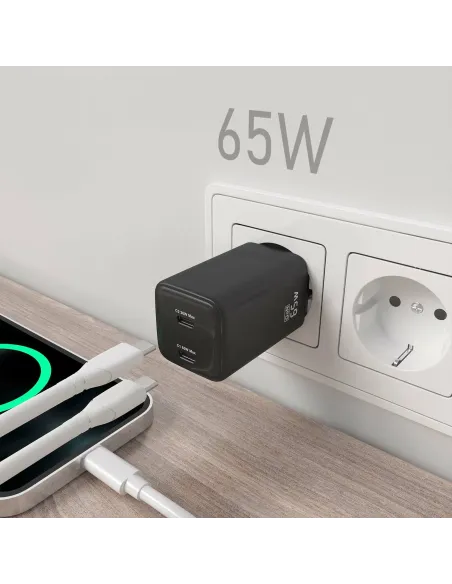 AISENS Cargador Gan 65W, 2xUSB-C PD3.0 QD4.0, Negro