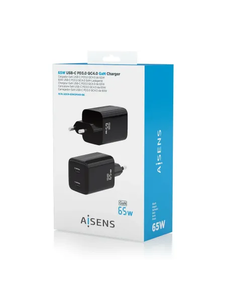 AISENS Cargador Gan 65W, 2xUSB-C PD3.0 QD4.0, Negro