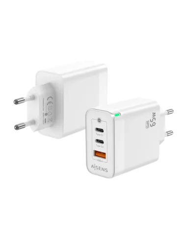 AISENS Cargador Gan 65W, 2xUSB-C PD3.0 QC4.0, 1xUSB-A QC3.0, Blanco