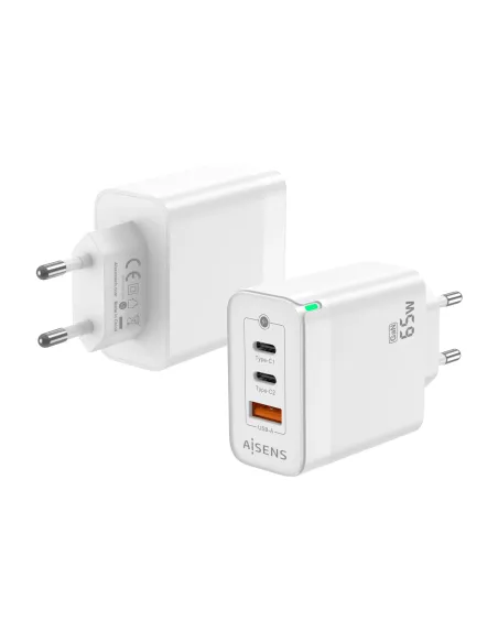 AISENS Cargador Gan 65W, 2xUSB-C PD3.0 QC4.0, 1xUSB-A QC3.0, Blanco