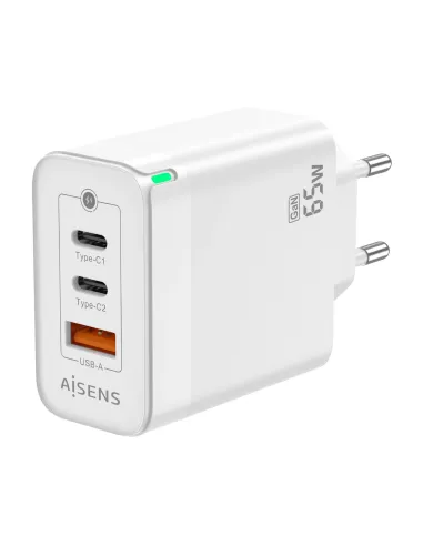 AISENS Cargador Gan 65W, 2xUSB-C PD3.0 QC4.0, 1xUSB-A QC3.0, Blanco