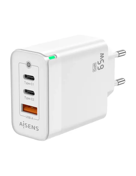 AISENS Cargador Gan 65W, 2xUSB-C PD3.0 QC4.0, 1xUSB-A QC3.0, Blanco
