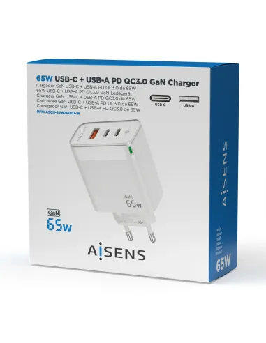 AISENS Cargador Gan 65W, 2xUSB-C PD3.0 QC4.0, 1xUSB-A QC3.0, Blanco