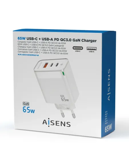 AISENS Cargador Gan 65W, 2xUSB-C PD3.0 QC4.0, 1xUSB-A QC3.0, Blanco