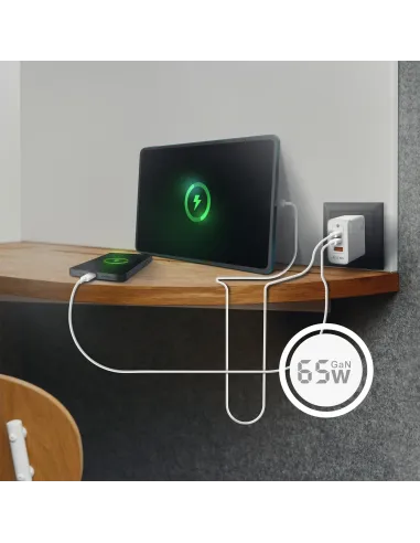 AISENS Cargador Gan 65W, 2xUSB-C PD3.0 QC4.0, 1xUSB-A QC3.0, Blanco