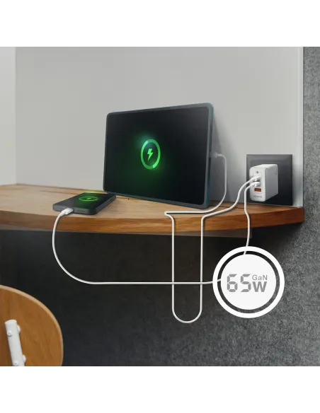 AISENS Cargador Gan 65W, 2xUSB-C PD3.0 QC4.0, 1xUSB-A QC3.0, Blanco