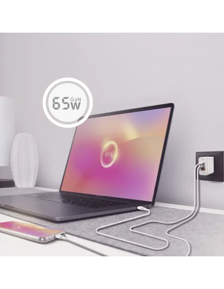 AISENS Cargador Gan 65W, 2xUSB-C PD3.0 QC4.0, 1xUSB-A QC3.0, Blanco