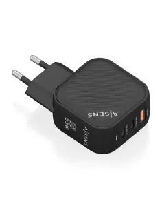 AISENS Cargador GaN 65W, 2xUSB-C PD3.0 QC4.0, 1xUSB-A QC3.0, Negro
