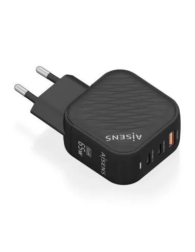 AISENS Cargador GaN 65W, 2xUSB-C PD3.0 QC4.0, 1xUSB-A QC3.0, Negro