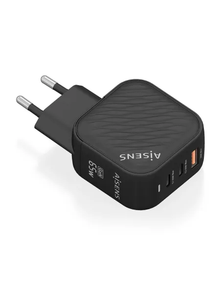 AISENS Cargador GaN 65W, 2xUSB-C PD3.0 QC4.0, 1xUSB-A QC3.0, Negro