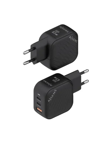 AISENS Cargador GaN 65W, 2xUSB-C PD3.0 QC4.0, 1xUSB-A QC3.0, Negro