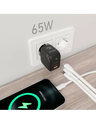 AISENS Cargador GaN 65W, 2xUSB-C PD3.0 QC4.0, 1xUSB-A QC3.0, Negro
