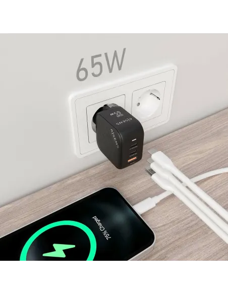 AISENS Cargador GaN 65W, 2xUSB-C PD3.0 QC4.0, 1xUSB-A QC3.0, Negro