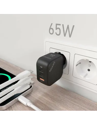 AISENS Cargador GaN 65W, 2xUSB-C PD3.0 QC4.0, 1xUSB-A QC3.0, Negro