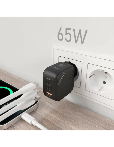 AISENS Cargador GaN 65W, 2xUSB-C PD3.0 QC4.0, 1xUSB-A QC3.0, Negro