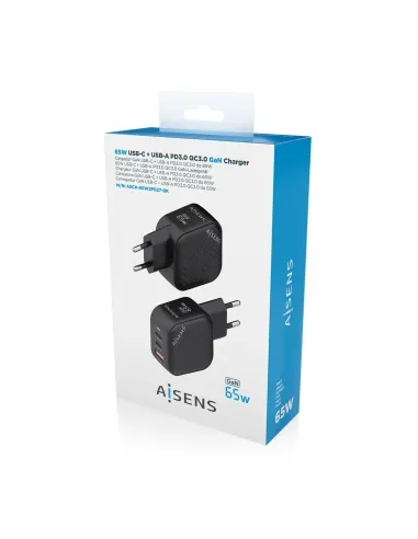 AISENS Cargador GaN 65W, 2xUSB-C PD3.0 QC4.0, 1xUSB-A QC3.0, Negro